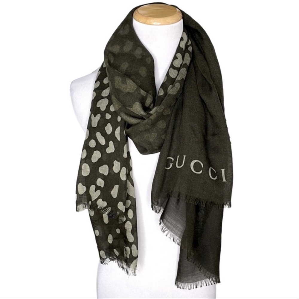 GUCCI Dark Green and Cream Lightweight Wool and Silk Animal Print Ombré Scarf